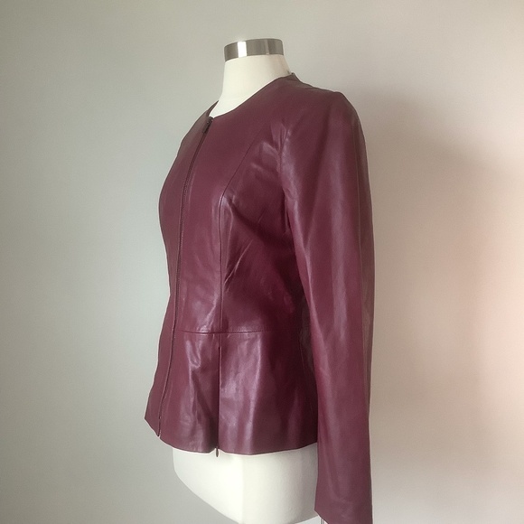 NEW Badgley Mischka Genuine Leather Peplum‎ Jacket Burgundy 67047 Size M - Picture 11 of 15